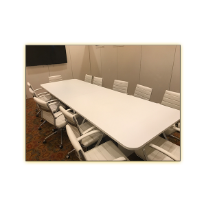 12ft White Conference Table with White Axel Office Chairs - V-Decor Trade Show Furniture Rentals in Las Vegas