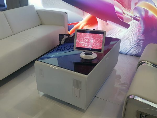 Volt Sobro Coffee Table with White Volt Sofa and Volt USB Armless Lounge Chairs - V-Decor Trade Show Furniture Rentals in Las Vegas