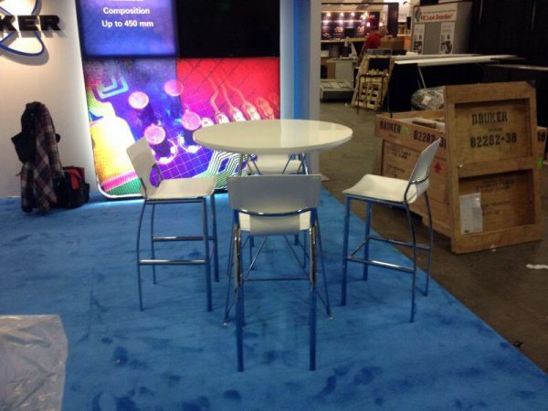 bravo bar table with white terry bar stools - V-Decor Trade Show Furniture Rentals in Las Vegas