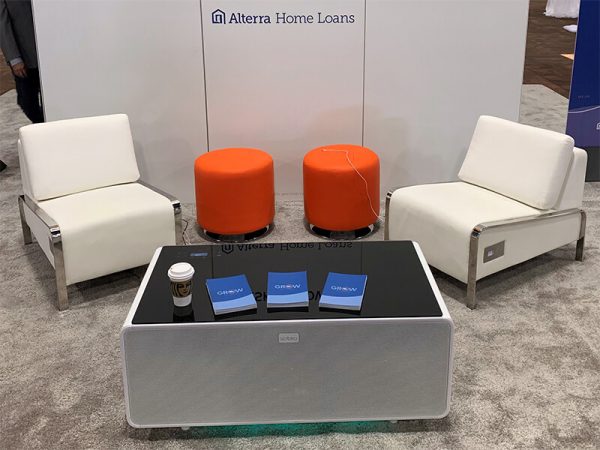 volt usb lounge chairs with volt sobro coffee table and small orange domani ottomans - V-Decor Trade Show Furniture Rentals in Las Vegas